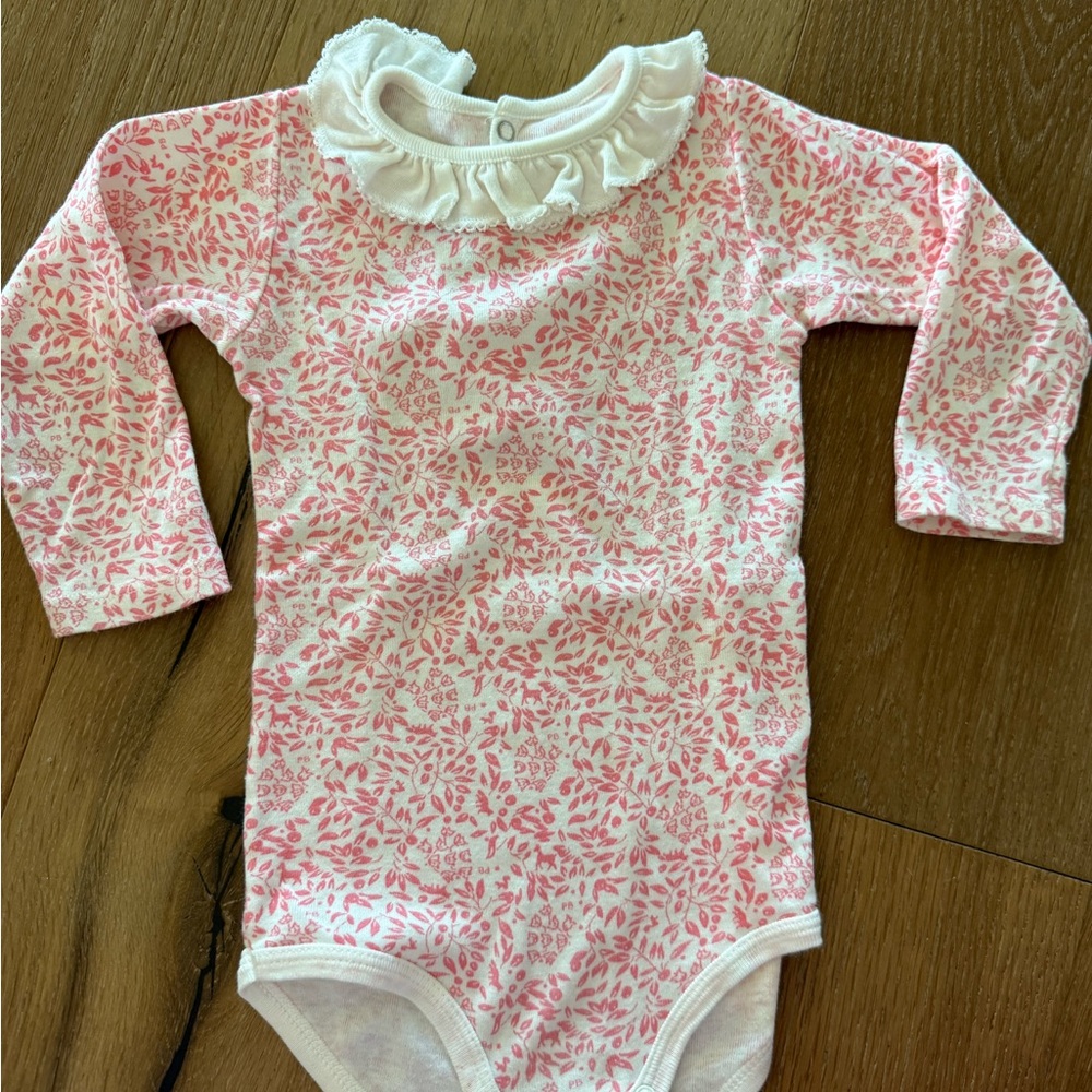 Petit Bateau Pink and White Floral Bodysuit with Ruffled Collar